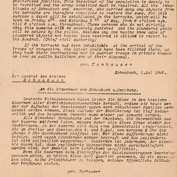 Öffentliche Bekanntmachung des Landrats Eugen Tanhaus an die Schwabacher Bevölkerung wegen Plünderung im Mai 1945 Öffentliche Bekanntmachung des Landrats Eugen Tanhauser an die Schwabacher Bevölkerung wegen Plünderung im Mai 1945