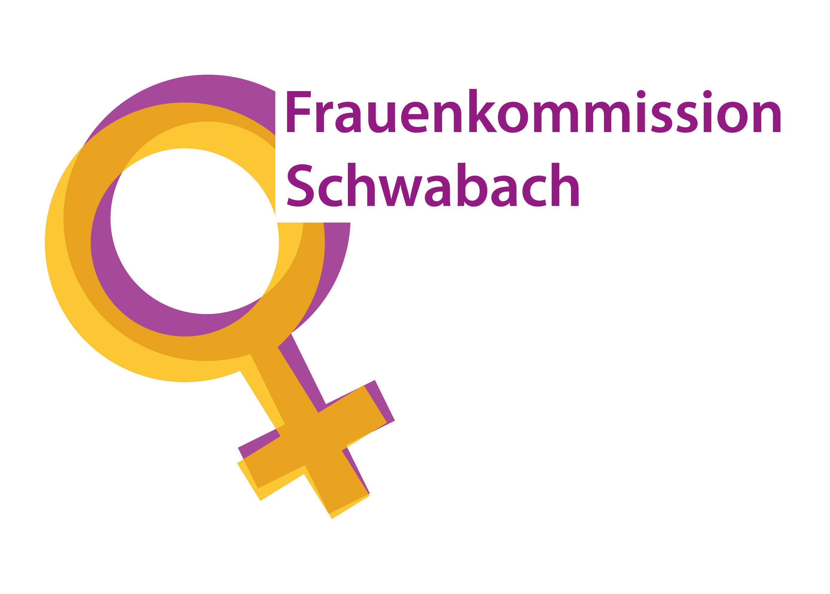 Ein gelbes Frauensymbol, also ein gelber Kreis mit einem Plus unten, dazu der Schriftzug Frauenkommission Schwabach in Violett