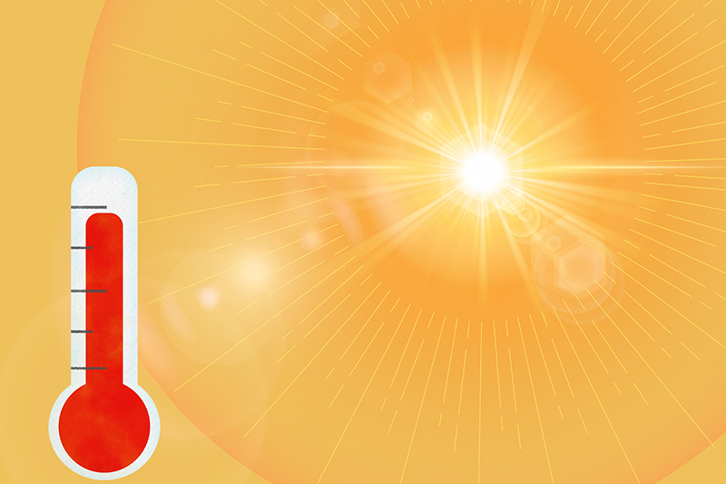 Grafik orangefarbener Hintergrund mit Temperaturanzeige und im Hintergrund die Sonnen