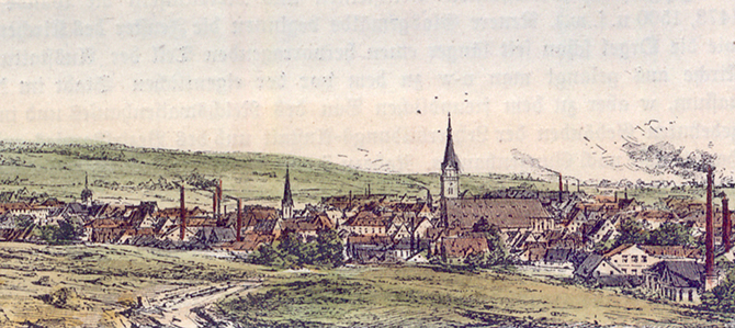 Schwabach im späten 19. Jahrhundert - Stadt der 1000 Schlote (Lesen Sie weiter auf Seite 31) gezeichnete Stadtansicht
