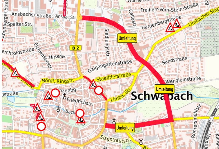 Auf einer Straßenkarte ist die Nördliche Ringstraße als "gesperrt" markiert. Die eingezeichnete Umleitung verläuft über die Fürther Straße und die Bahnhofstraße.