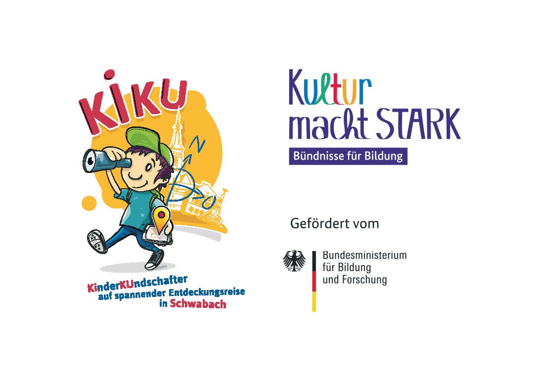 Hier ist KiKu mit einem Fernglas auf Entdeckertour zu sehen und das Logo von dem Projekt Kinderkundschafter