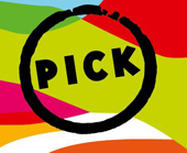 Hier ist das PICK Logo des PICK-Frühjahrsprogramms auf buntem Hintergrund zu sehen