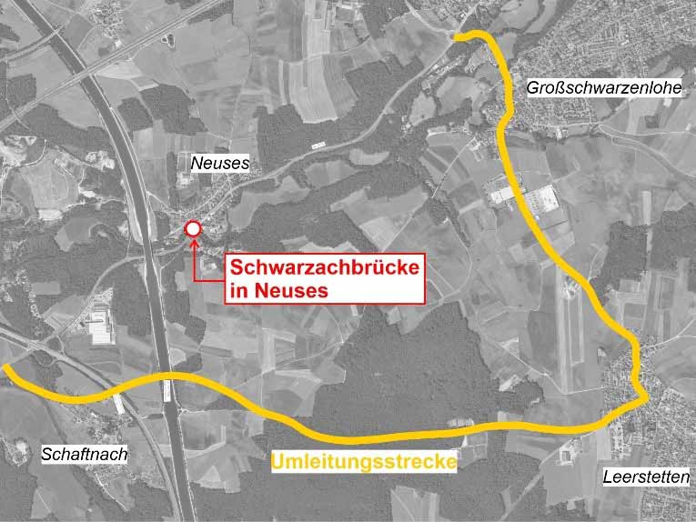 Karte der Umleitung zur Baustelle Schwarzachbrücke