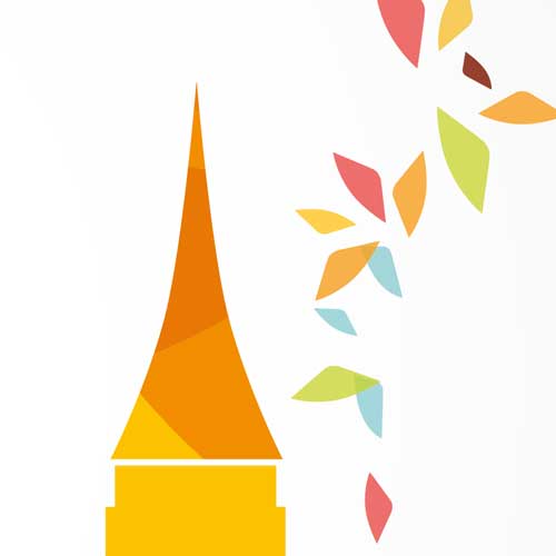 Grafik mit einem Kirchturm und stilisierten Blättern, die von oben herunterfallen
