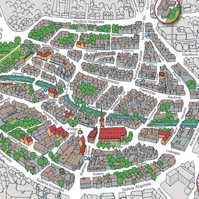 Ein gezeichneter Stadtplan mit Schwabachs Innenstadt
