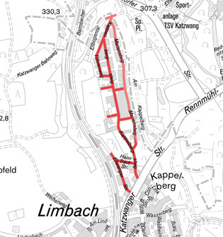 Farbige Markierung stellt den Bereich der Straßenplanung dar Farbige Markierung stellt den Bereich der Straßenplanung dar